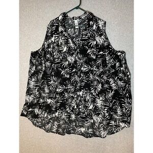 Catherines Tunic‎ Top Womens Plus 5X Black White Leaf Print Sleeveless Button Up